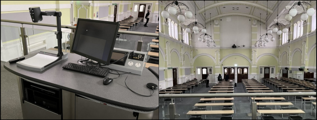 two photos showing the workstation and visualiser on the stage and The Great Hall at UEL set up as an exam room with well spaced tables and chairs for 112 people - at the far end three of the BCLH24 team can be seen