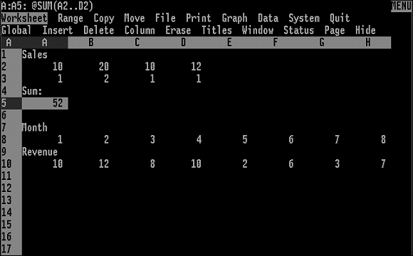 a black and white screenshot of Lotus 123 for DOS - an early spreadsheet